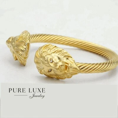 Brazalete de acero inoxidable con circonita cúbica doble León para hombre, caja chapada en oro, descuento Foto 1 de 4