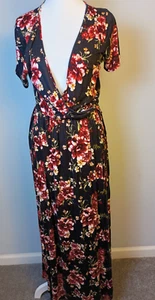 Minette Taglia M Maxi Abito Avvolgente Maglia Nero Floreale Elasticizzato Cottagecore Y2K Boho - Foto 1 di 9