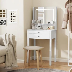 Vanity Desk Set Dressing Table & Stool Lighted Mirror Dresser Desk Power Outlet - Picture 1 of 9