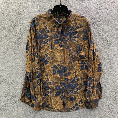 PERUVIAN CONNECTION 衬衫女式 XL 纽扣衬衫上衣花卉棕色蓝色 — 第 1/4 张图片