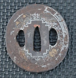 Japanisches echt antikes Eisen TSUBA - Samurai Schwert Katana Rankenmuster Karakusa - Bild 1 von 6