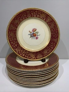 12 SOHO Pottery Ambassador Ware Red Yellow Bands Gold Trim Floral Dinner Plates - Picture 1 of 22