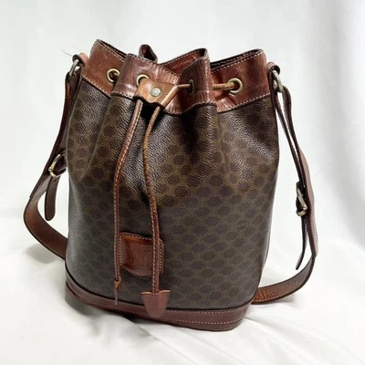 CELINE Macadam PVC Leather Drawstring Shoulder Bag Brown Trionf Logo From Japan - Image 1 of 4