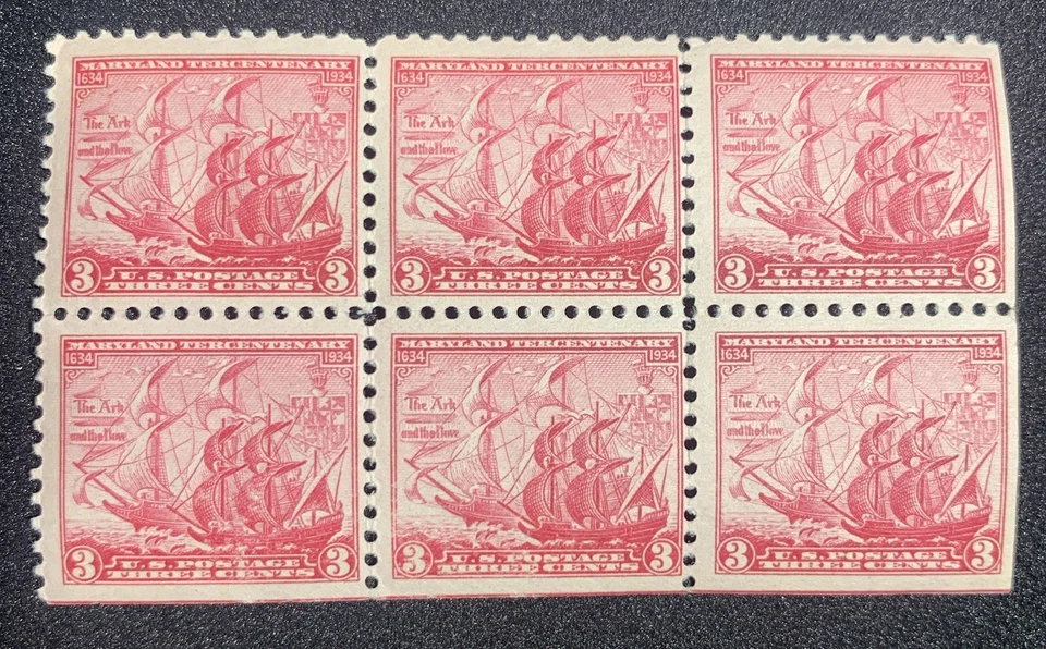 US Stamps Scott 736 3c 1934 block of 6 Maryland Tercentenary Issue M/NH Fresh - Image 1 of 1