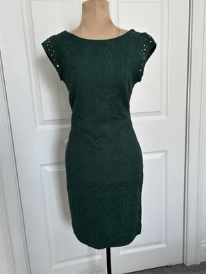 Zara Emerald Green Brocade Scoop BackSleeveless Sheath Dress w/Studs Womens Sz S - Image 1 of 4