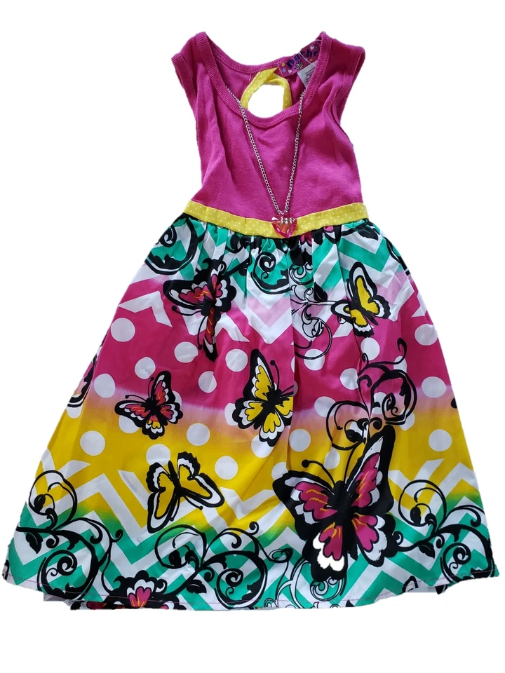 Vestido de verão feminino rosa borboleta estampa Chevron colar BFF alça regata - Imagem 1 de 1