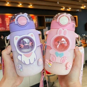Kawaii Bear Water Bottle with Straw and Shoulder Strap, 25oz Cute Large Pink - Picture 1 of 6