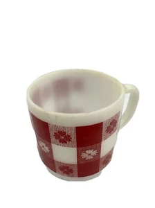 Vtg Federal Milk Glass Mug RED Checkerboard Gingham Daisy Flower Replacement 8oz - Picture 1 of 6