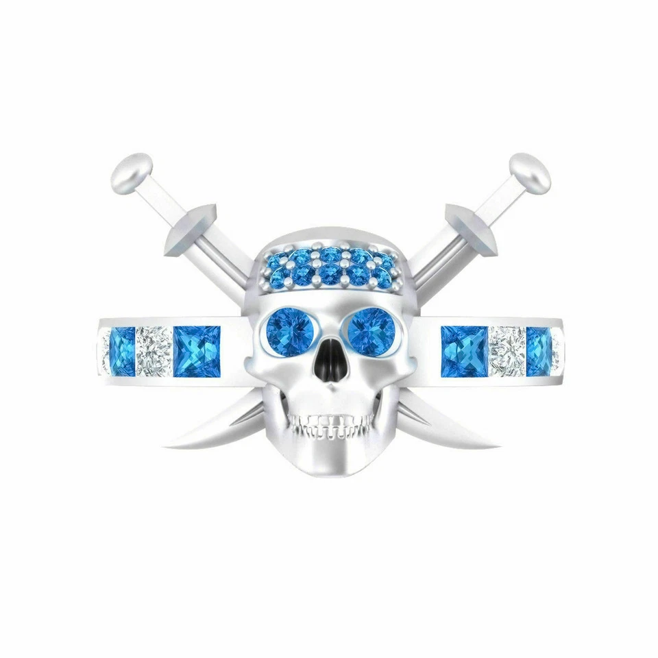 Calavera Jack Sparrow con zafiro azul simulado en anillo de plata argentino 935 Foto 1 de 4