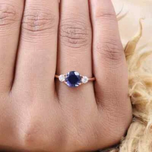 Certified Natural Sapphire & CZ 14k Rose Gold Filled, Vintage Ring 92.5%Silver - Picture 1 of 4