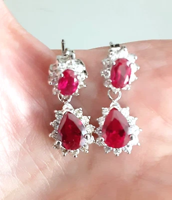 Created Ruby and CZ Halo Set Teardrop Dangle Earring in Gold 925 Silver signed m - Image 1 of 4