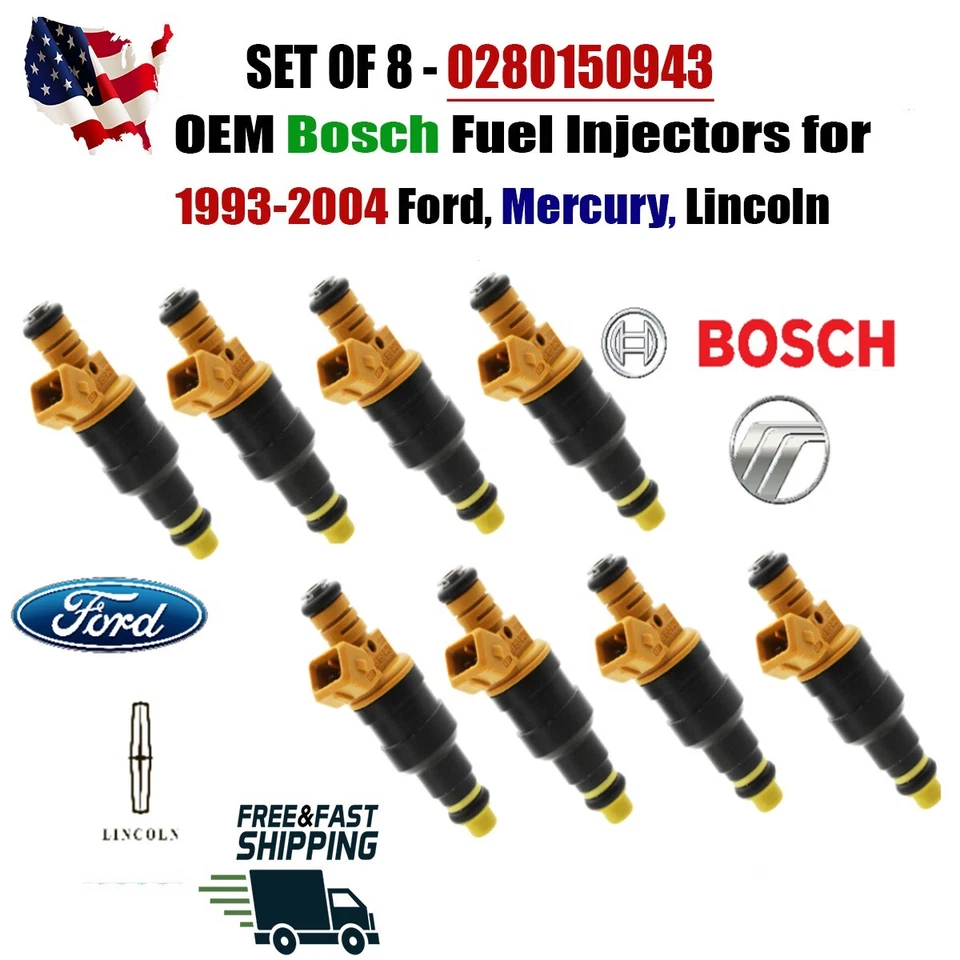 BOSCH OEM 8pcs Fuel Injectors for 1993-2004 Ford Lincoln Mercury #0280150943 - Image 1 of 4