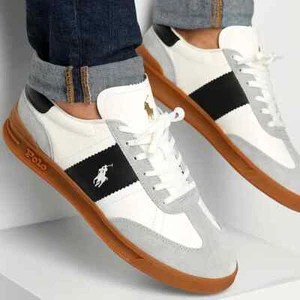 Scarpe da ginnastica uomo Polo Ralph Lauren Heritage tutte le taglie UK bianche nere pelle RLHAWB - Foto 1 di 12
