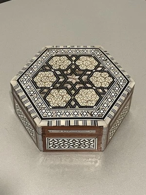 Egyptian Marquetry Inlaid Box Mother of Pearl Hexagonal 6.75" X 2.25" - Image 1 of 4