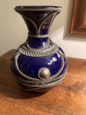 Vintage Pottery Moroccan Vase with Metal overlay 14cm High Cobalt Blue  - Image 1 of 4