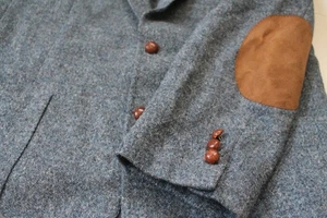 Vintage Slate Blue Flecked Wool Sportscoat Jacket 44L Ivy Style Suede Patch - Picture 1 of 8