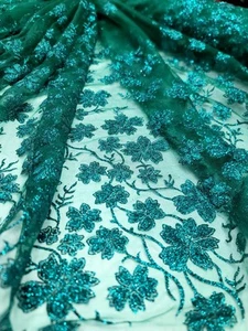 Richly Glitter Lace on Fine Tulle Emerald Green Floral Fabric Sold By The Yard - Picture 1 of 14