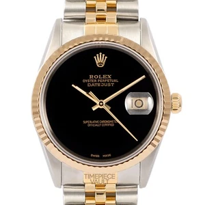 ROLEX DATEJUST 16233 GOLD & STEEL 36MM WATCH BLACK ONYX DIAL 18K FLUTED BEZEL - Picture 1 of 11