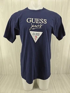 VTG 90s Guess Jeans Embroidered Logo T-Shirt Adult Sz Large Blue USA Made - Picture 1 of 9