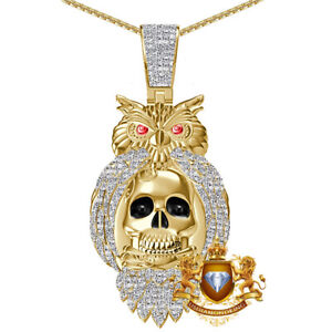 Real Genuine Diamond 0.85 Ct. Midnight Bird Sugar Skull Owl Pendant Charm +Chain
