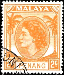 1954-1955 MALAYA PENANG Queen Elizabeth II 2 c. VF USED SINGAPORE - Picture 1 of 1