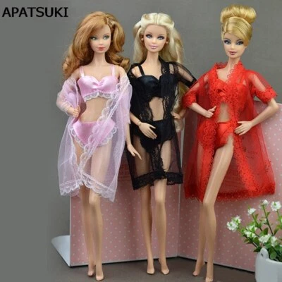 3sets Sexy Pyjamas Spitze Langer Mantel +BH+Unterwäsche Für Barbie Puppe Zubehör
