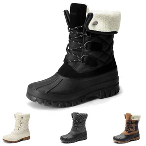 Women Mid Calf Boots Snow Boots Warm Insulated Faux Fur Lined Waterproof Lace Up - Picture 1 of 15