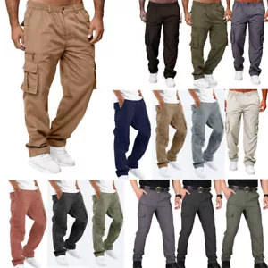 Mens Stretch Cargo Combat Work Pants Multi Pockets Elastic Waist Trousers Sports - Picture 1 of 42