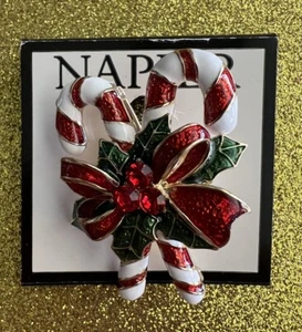 Napier Double 2 Candy Cane Green Holly Red Bow Christmas Pin Gold Tone NEW - Picture 1 of 10
