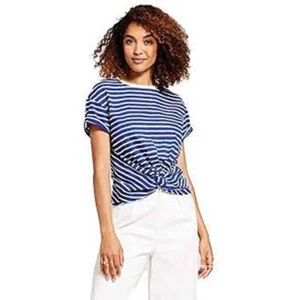 Women's Striped Short Sleeve Twist Front with Ruched Back T-Shirt - A New Day - Picture 1 of 4