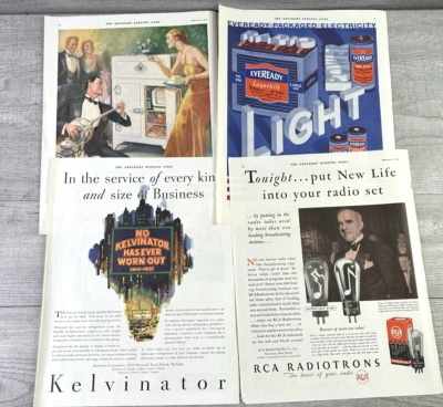 Lote De Colección De 4 Anuncios Impresos GRANDES Art Deco Sat Eve Post 1931 Eveready, RCA y más Foto 1 de 4