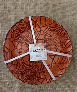 New Akcam 8" Turkish Glass Halloween Spider Web Orange Plate Set of 4 - Picture 1 of 1