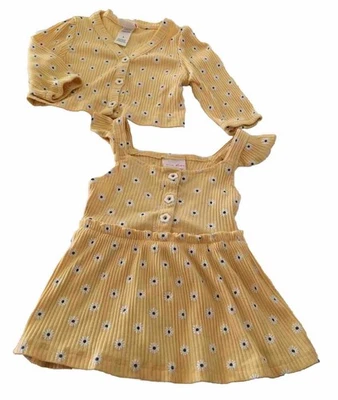 LITTLE LASS ~ Vestido y cárdigan de dos piezas para niña talla 4 amarillo con margaritas Foto 1 de 4