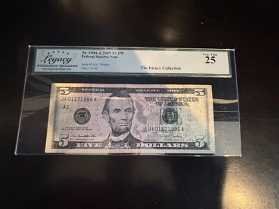 DBR 2009 $5 FRN Boston Fr. 1994-A Legacy 25 Birthday Serial JA01171996A - Image 1 of 2