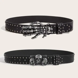 Skull Buckle Belt Black Jeans Unisex Men Waistband - Picture 1 of 10