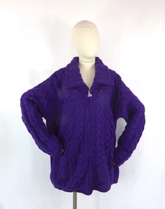 Vintage Arancrafts purple pure merino wool cable knit cardigan bust 56" XXL - Picture 1 of 7