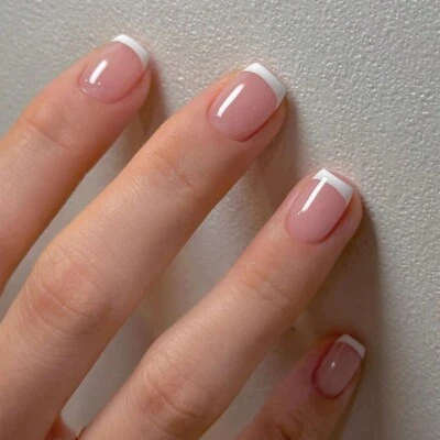 24x Short Square False Nails French Manicure Fake Tips Press On Full Cover Nails