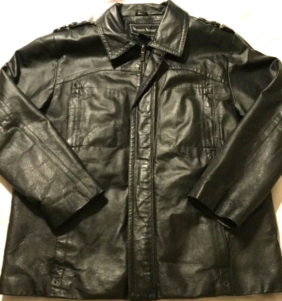 MEN'S SEVENTH AVENUE BLACK LEATHER JACKET Large Business Professional Full Zip   - Image 1 of 4