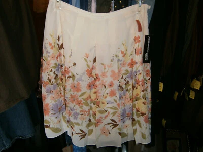 NWT Womens Size 14P Career Lined Cream Floral Orange Purple Summer Dress Skirt - Image 1 of 2