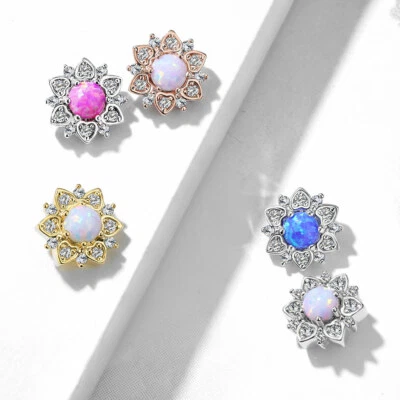 8 mm CZ Flower Opal Center Internally Threaded Dermal Anchor Tops 14G  - Image 1 of 4