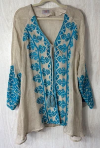 Roja Leinen Tunika XL hellbraun türkis bestickt Blumen Boho Top leicht - Bild 1 von 9