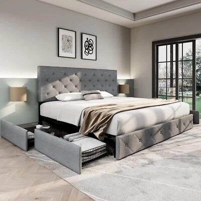 Sifurni Upholstered Bed Frame with 4 Storage Drawers and Headboard, Light Grey - Image 1 of 4