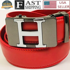 Comfort Slide Click Leather Automatic Belt Men's Buckle Lock Dress Jeans Red New - Picture 1 of 15