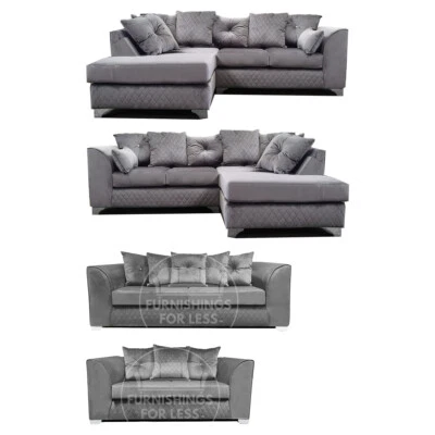 Victoria Grey Corner Sofa Plush Velvet 3 Seater 2 Seater 3 & 2 Seater Set NEW