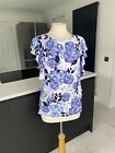 Laura Ashley Occasion - Size 10 - Blue White Floral Stretchy Top T-shirt