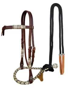 Horse Western Knotted Bosal Rawhide Hanger Headstall w/ Braided Reins 78J04 - Picture 1 of 17
