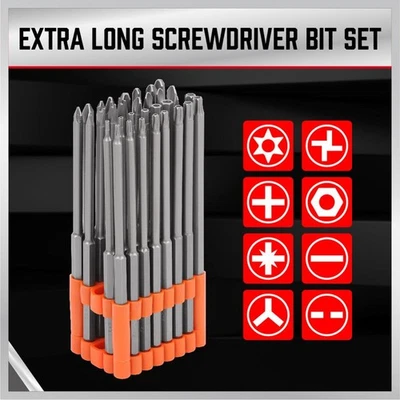 32pc Extra Long Security Bit Set Tamper Proof Torx Star Tri Wing Pozi w Holder { - Image 1 of 4