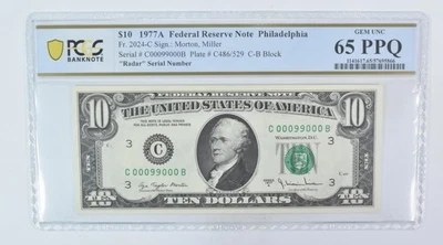 1977 A $10 Philadelphia PA FRN Fr#2024-C Radar Serial Gem Unc 65 PPQ PCGS *5975 - Image 1 of 3