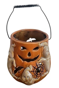Halloween Ceramic Tealight Pumpkin Ghost Bat Candle Holder 4.5" H X 4.5"W - Picture 1 of 6