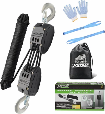 Heavy-Duty 1000LB Block and Tackle Pulley System with 50FT Rope and Loops - Image 1 of 4